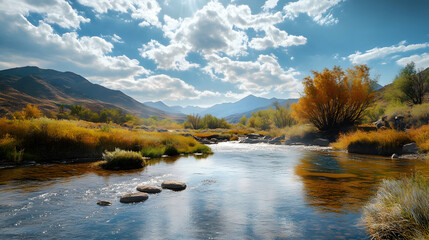 Fototapeta premium A beautiful landscape with a river, where gold panning is taking place