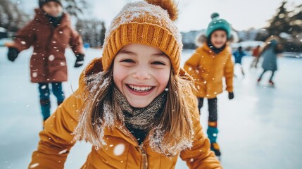 Children enjoying ice skating at a winter rink while smiling and playing in the snow on a sunny day