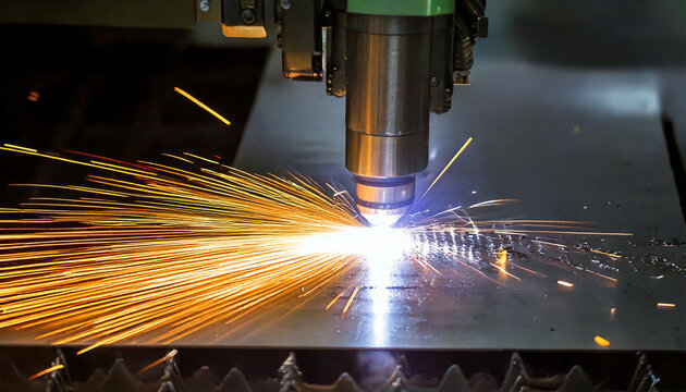 The fiber laser cutting machine cutting the sheet metal plate with the sparking light. Hi-technology manufacturing concept.