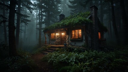 Mysterious Crooked Cottage in Dark Forest with Misty Atmosphere and Magical Glow
