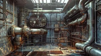 Rusty Industrial Interior with Pipes and Gauges