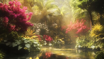 Obraz premium Tropical rainforest with vibrant trees, cozy outdoor scene.