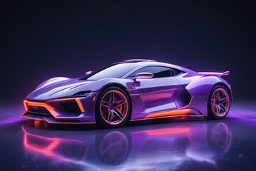 Naklejka premium Luxury sports car in neon lavender and coral lights, powerful acceleration of a supercar.
