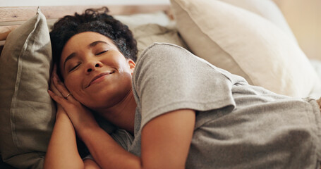 Woman, sleeping and dream in bedroom for peace, comfortable morning and relax on mattress in home....