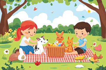 Fototapeta premium Two Children Having a Picnic with Animals in a Park