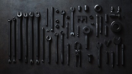 Black mechanic tools on a black background.