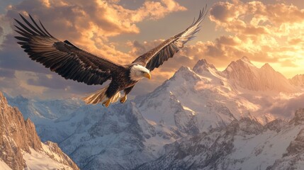 Fototapeta premium Majestic Eagle Soars Over Snow-Capped Mountains at Sunset