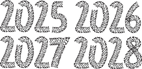  Happy New Year 2025 Grunge .Black and white. Urban Vector Texture Template. Dark Messy Dust Overlay Distress Background. Easy To Create Abstract Dotted, Scratchedg