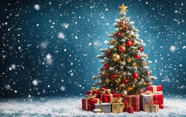Obraz premium A beautifully lit Christmas tree decorated with red, gold, and silver ornaments, surrounded by wrapped presents in festive paper, with soft snow falling in the background 