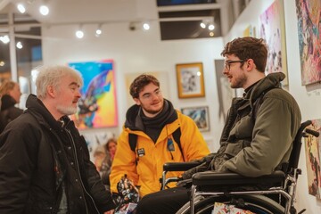 Three friends discuss art at a gallery. One in a wheelchair engages with others. A moment of connection and creativity captured.