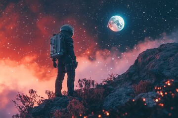 Obraz premium A lone astronaut stands on an alien planet, gazing at Earth in the distance under a dreamy starry sky.