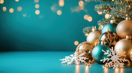 Golden and teal Christmas ornaments with snowflakes, festive decorations on a turquoise background, celebrating the holiday season