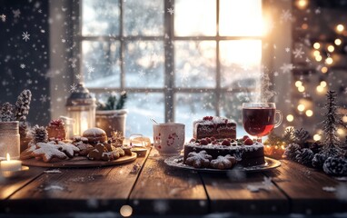 A beautifully set wooden table with a 3D-rendered festive spread, including a chocolate cake, gingerbread cookies, and a steaming cup of mulled wine. 