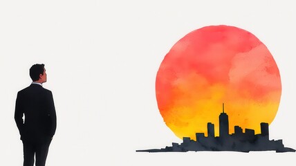 A man in a suit gazes towards a vibrant sunset over a city skyline, symbolizing aspiration and new beginnings.