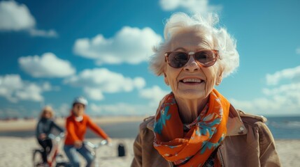 Fototapeta premium A woman smiles while wearing sunglasses and a scarf on a bright day. AI.
