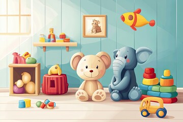 Obraz premium Teddy Bear and Elephant Stuffed Animals in a Playroom