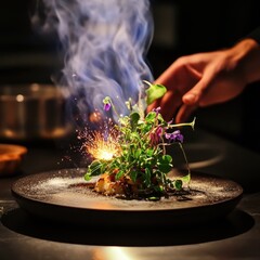 A beautifully plated dish garnished with vibrant herbs and edible flowers, emitting smoke and sparks for an exciting culinary presentation.