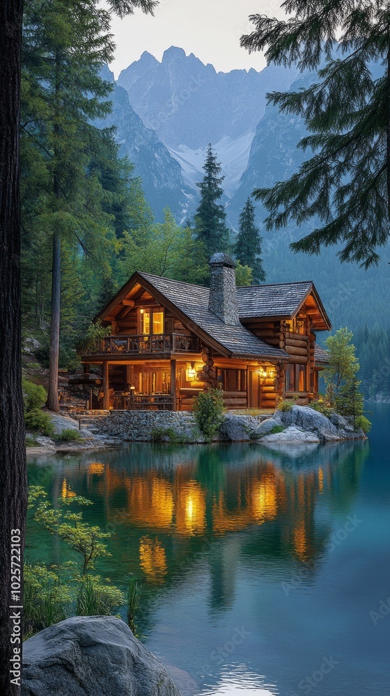Poster a cabin is surrounded by trees and a lake