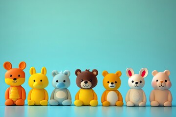 Naklejka premium Seven Colorful Plush Toys Sitting in a Row on a Blue Background
