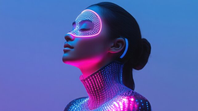 A person wearing a glowing, wearable AI device that helps them design unique fashion pieces on-the-go, blending creativity with technology