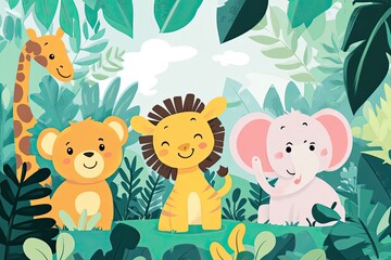Naklejka premium A Giraffe, Lion, Bear, and Elephant in a Lush Tropical Jungle