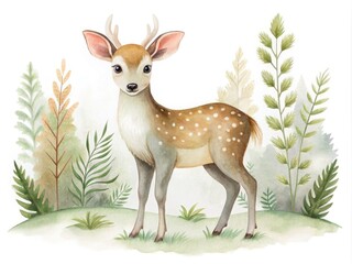 Fototapeta premium Charming watercolor baby elk art for nursery decoration, showcasing a Scandinavian forest animal theme. Ideal for adding warmth and whimsy to your child's space.