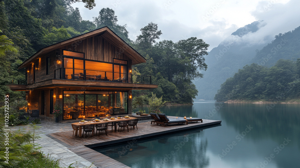 Poster a large house with a pool and a lake in the background