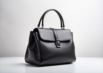 Naklejka premium Chic black bag with a minimalist aesthetic, isolated against a white backdrop. Perfect for highlighting elegant fashion, conveying modern sophistication and timeless style.