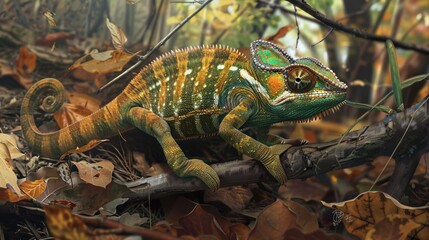 A Chameleon Camouflaged Among Autumn Leaves