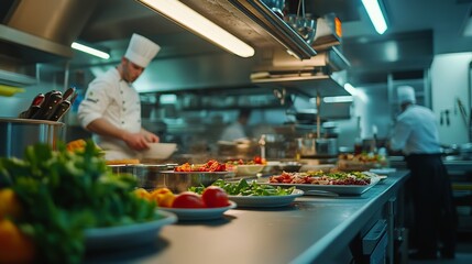 Dynamic Kitchen Scene with Chefs Preparing Fresh Ingredients and Delicious Dishes