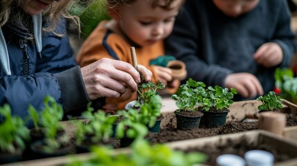 Children with adults planting small plants in a garden. Learning about nature and gardening together. Fun outdoor activity for kids.