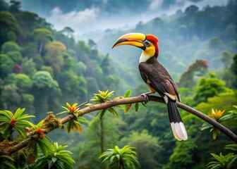 Fototapeta premium Majestic Hornbill Bird Perched on a Branch in Lush Green Forest, Nature's Vibrant Beauty Unveiled