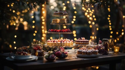 Delicious desserts displayed beautifully under twinkling lights for a cozy outdoor celebration.