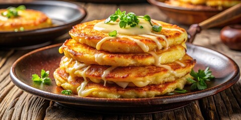 Deliciously crispy Korean cheese potato pancakes served on a plate, featuring a tantalizing golden exterior. A must-try street food that's savory and delightful!