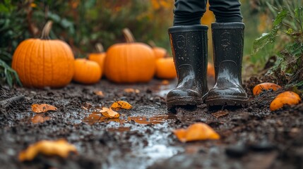 Obraz premium An empty scene featuring a childâ€™s rain boots beside a group of pumpkins on a muddy path, creating an ideal product mockup space