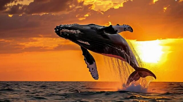 Whale jumping over the sea at sunset 