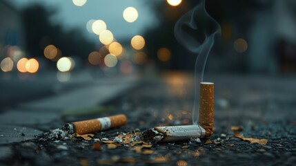 A Close-Up View of Two Extinguished Cigarettes on Asphalt with a Smoke Plume in the Background