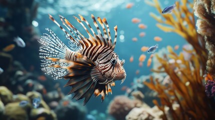 Vibrant lionfish swimming gracefully in a coral reef, showcasing beautiful colors and intricate fins under clear blue water