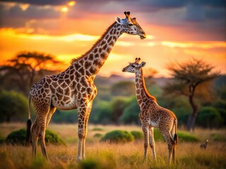 Obraz premium Delight in tilt-shift photography featuring a cute baby giraffe beside its parent, a heartwarming scene that will enchant all wildlife enthusiasts and animal lovers alike.