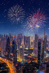 Fireworks in the city image wallpaper. New year's eve celebration, abstract fire background, holiday festive season party event landscape. Colourful star display illuminate night sky. 3d modern design
