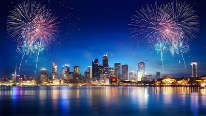 Fireworks in the city image wallpaper. New year's eve celebration, abstract fire background, holiday festive season party event landscape. Colourful star display illuminate night sky. 3d modern design