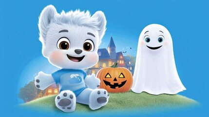 Obraz premium Cute Halloween Characters with Pumpkin and Ghost