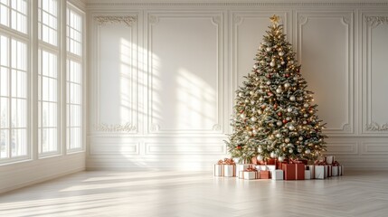 A decorated Christmas tree in a spacious, bright room with high ceilings and large windows.