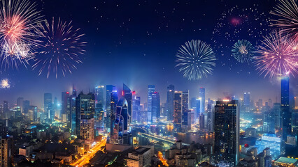 Fireworks in the city image wallpaper. New year's eve celebration, abstract fire background, holiday festive season party event landscape. Colourful star display illuminate night sky. 3d modern design