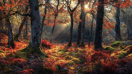 Autumn Forest with Stunning Rays of Light through Colorful Leaves and Trees