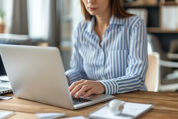 Woman working on laptop in home office. AI.