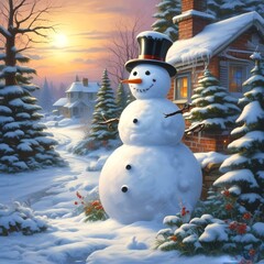 Obraz premium Snowman in garden with winter landscape and icicle from the roof.