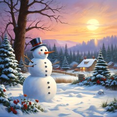Fototapeta premium Snowman in garden with winter landscape and icicle from the roof.