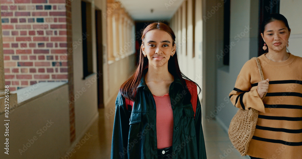 Aufkleber school, hallway and portrait of student at academy with backpack for learning, studying or knowledge