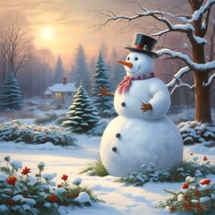 Obraz premium Snowman in garden with winter landscape and icicle from the roof.